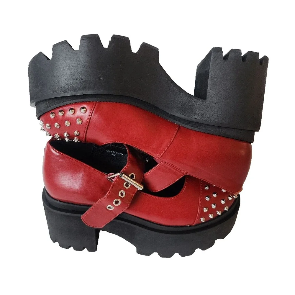 Charla Tedrick Platform Mary Janes Womens Size 6 Red Studded‎ Faux Leather Shoes